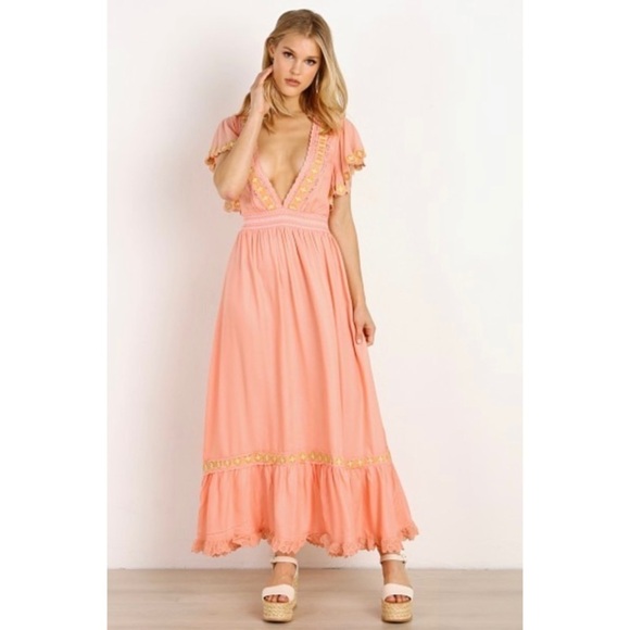 Cleobella Embroidered Eyelet Plunge Camelia Maxi Dress - Picture 1 of 10